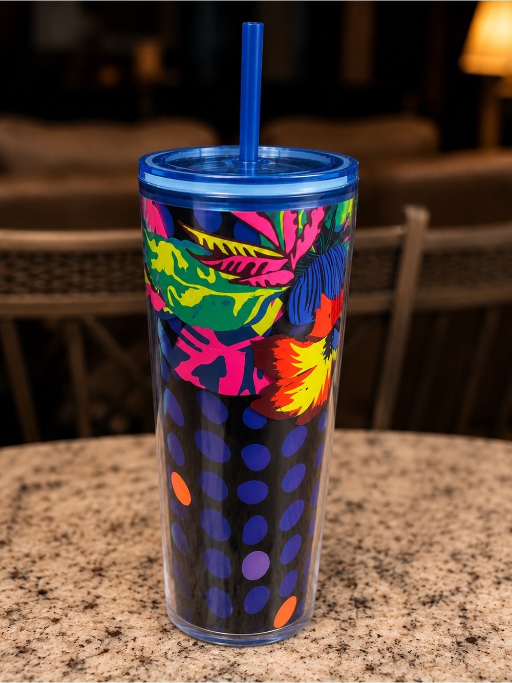 Colorful Floral & Polka Dot Tall Tumbler with Straw - Blue Accent